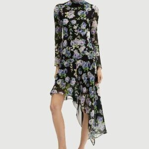 Mango Black Long Sleeve Asymmetrical floral dress